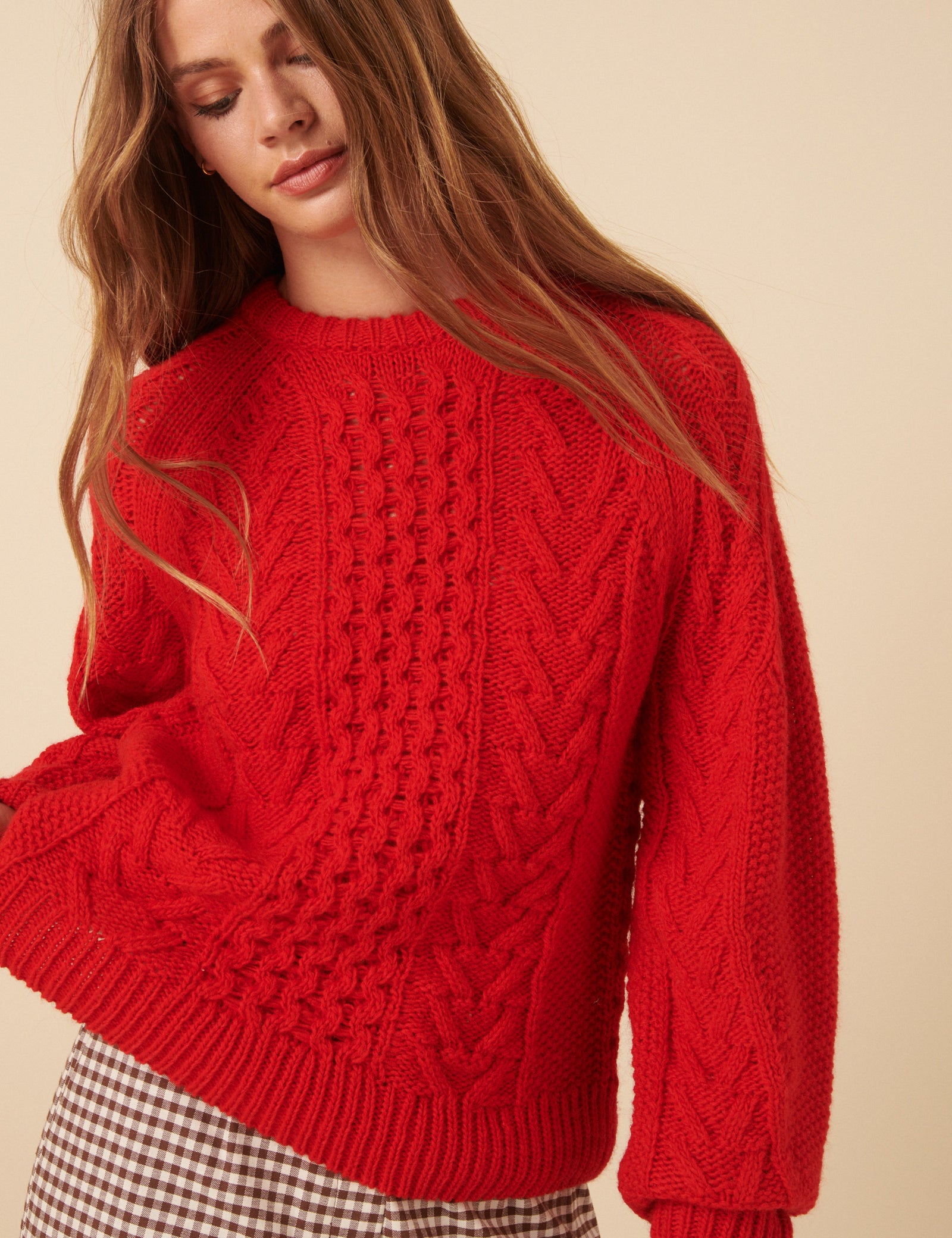 Red Wool Blend Chunky Cable Jumper