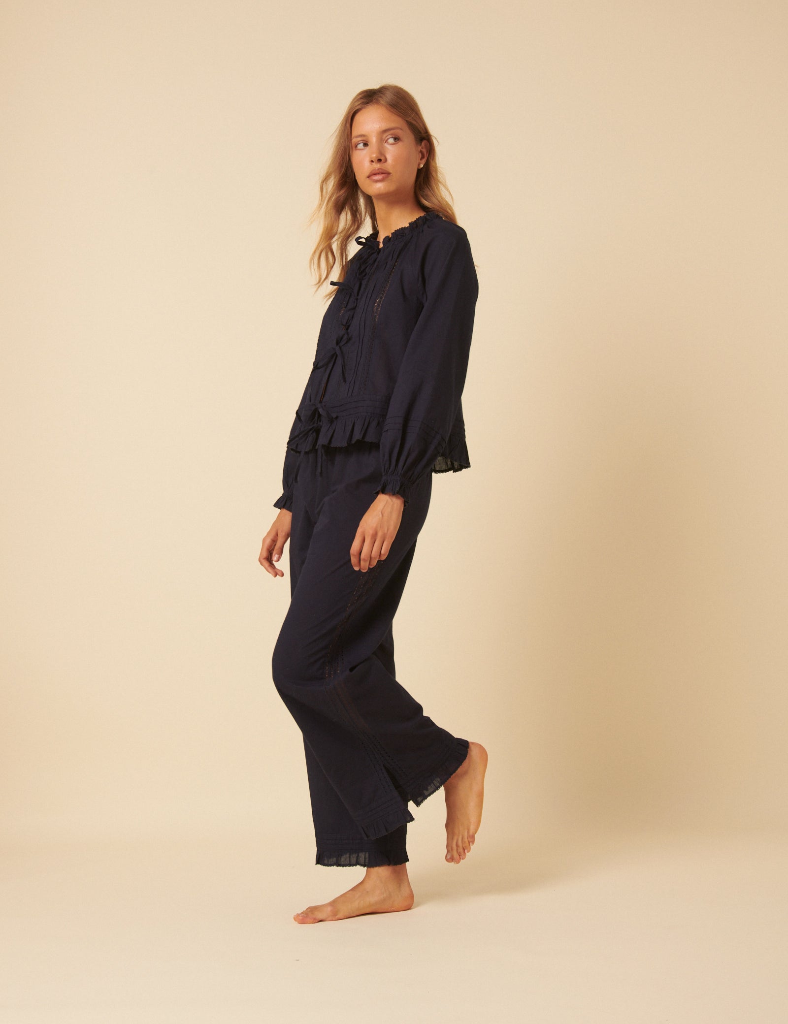 Navy Tie Front Ruffle Trim Detail Pyjama Set