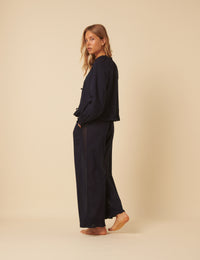 Navy Tie Front Ruffle Trim Detail Pyjama Set