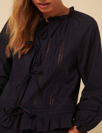 Navy Tie Front Ruffle Trim Detail Pyjama Set