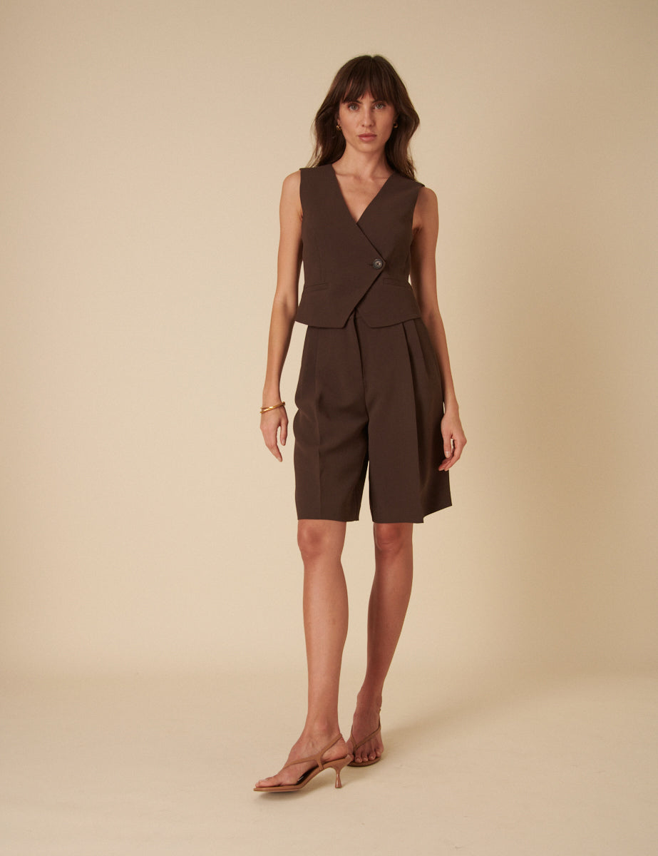 Chocolate Brown Double Pleated Bermuda Shorts Chocolate Brown Double Pleated Bermuda Shorts