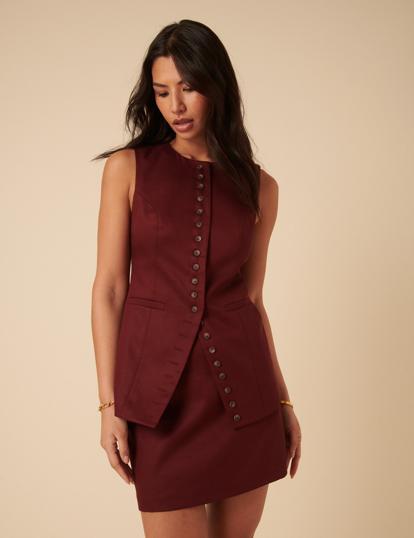 brown waistcoat dress Petite Brown Halter Neck Midi Waistcoat Dress