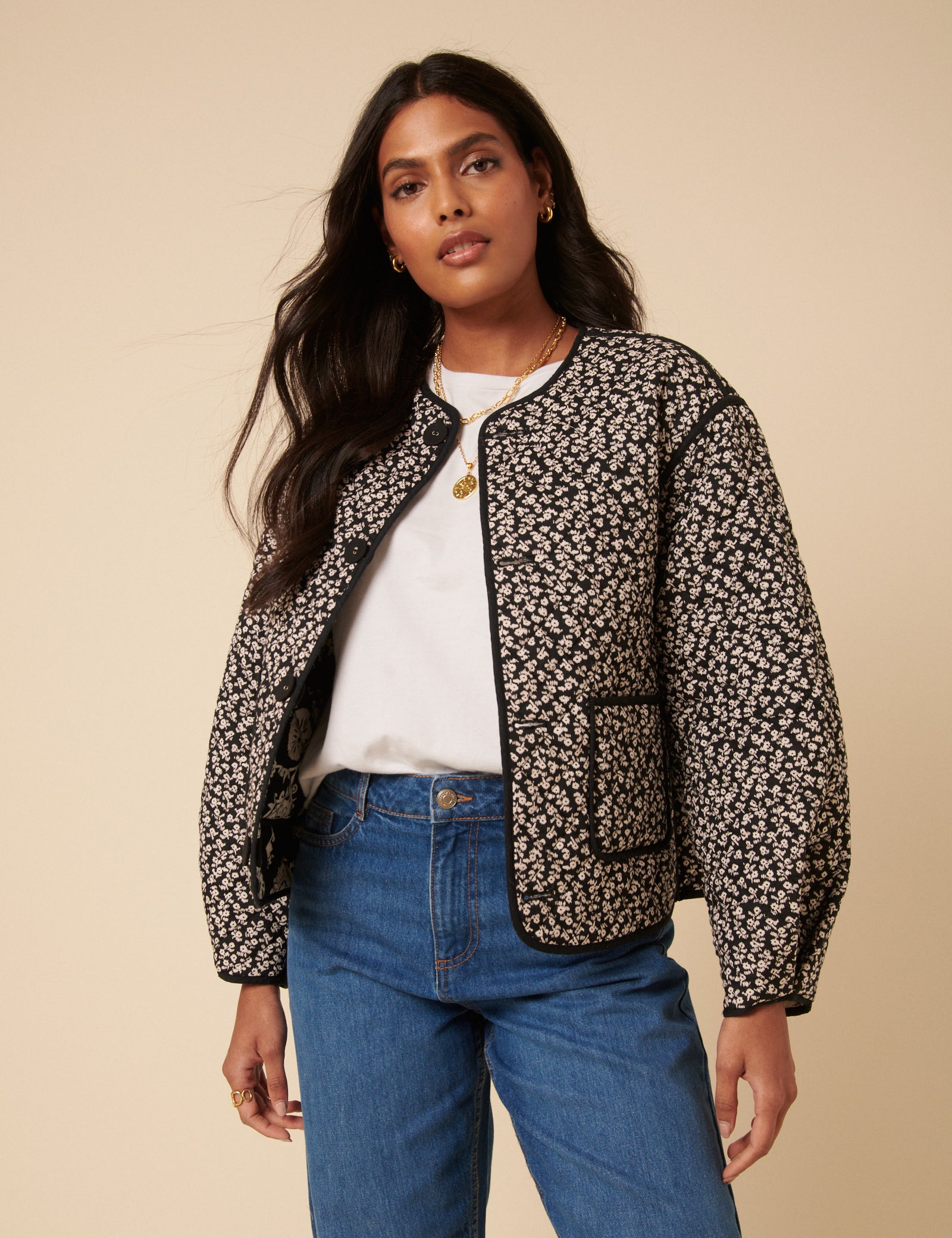 Black Floral Quilted Reversible Jacket