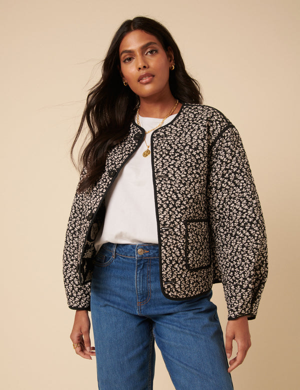 Black Floral Quilted Reversible Jacket