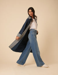 Navy Gingham Trim Trench Coat