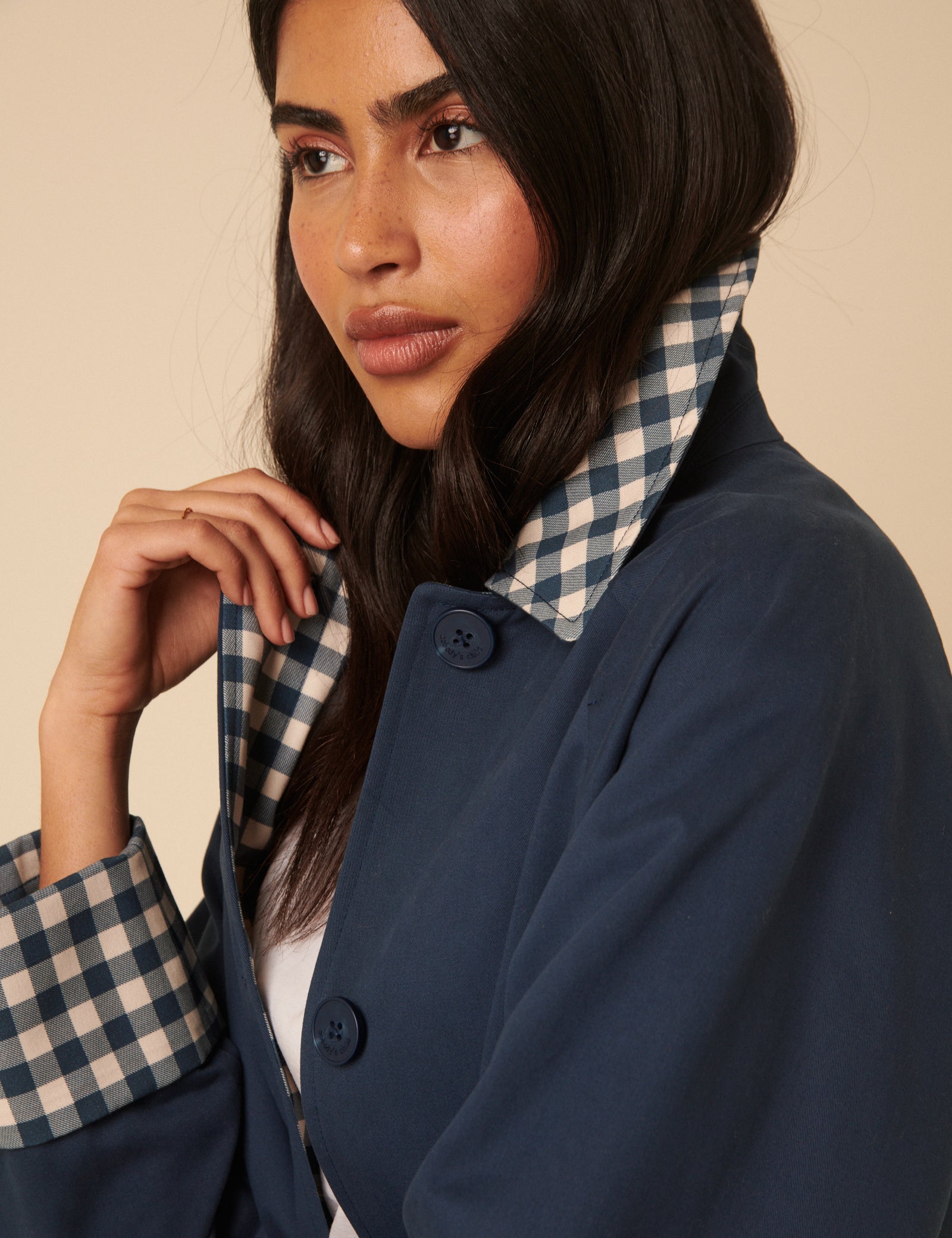 Navy Gingham Trim Trench Coat