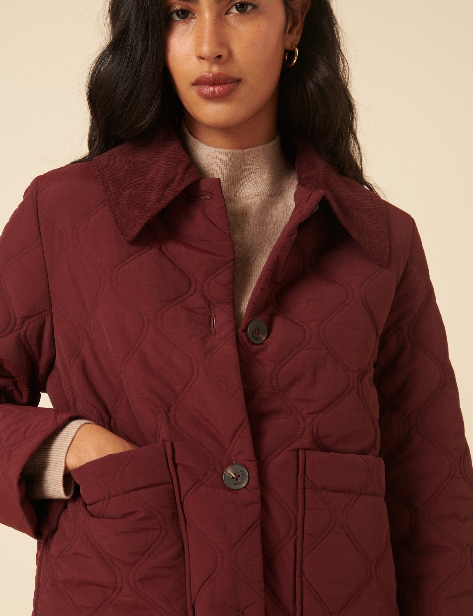 Burgundy Collared Quilted Jacket