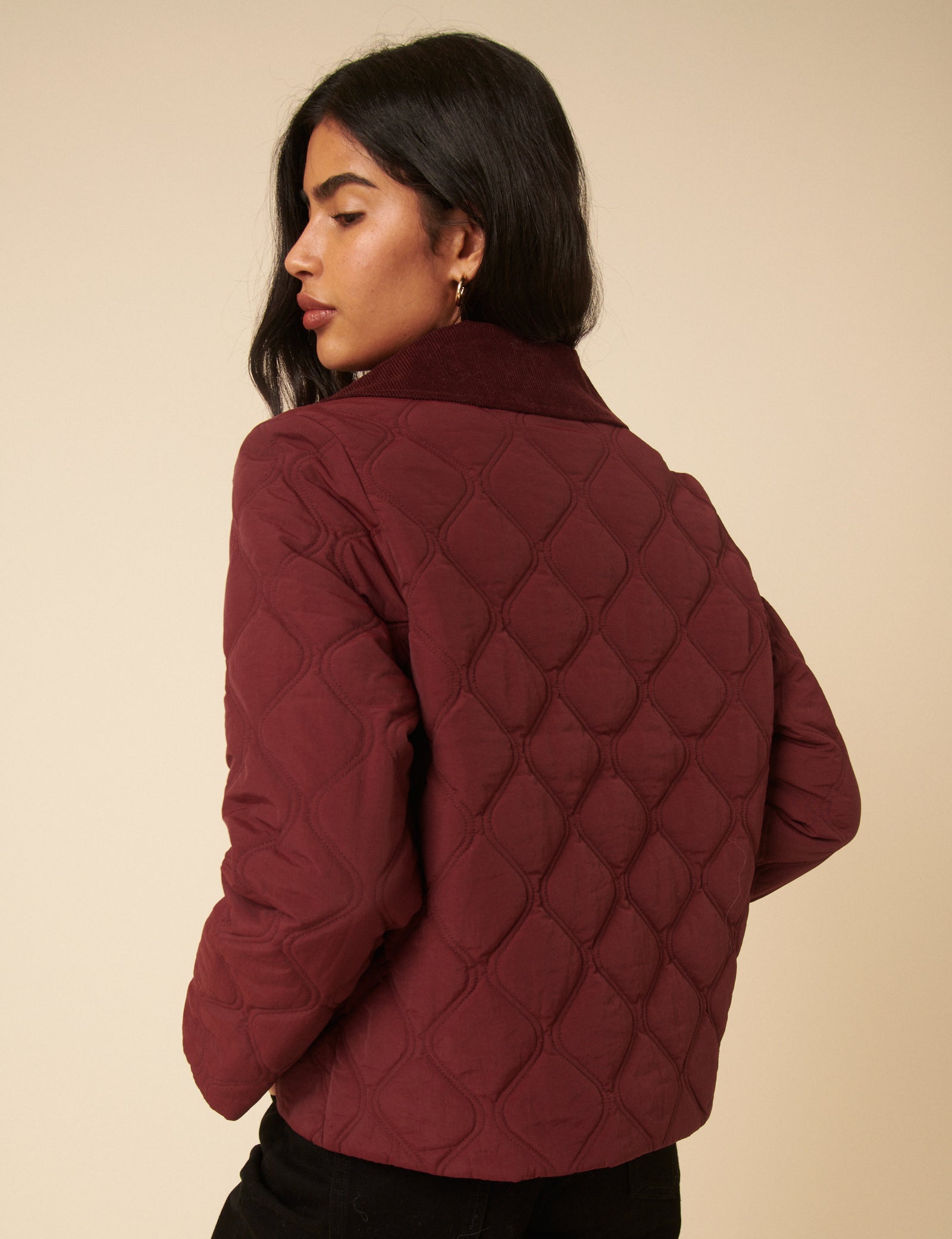Burgundy Collared Quilted Jacket