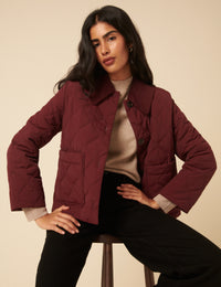 Burgundy Collared Quilted Jacket