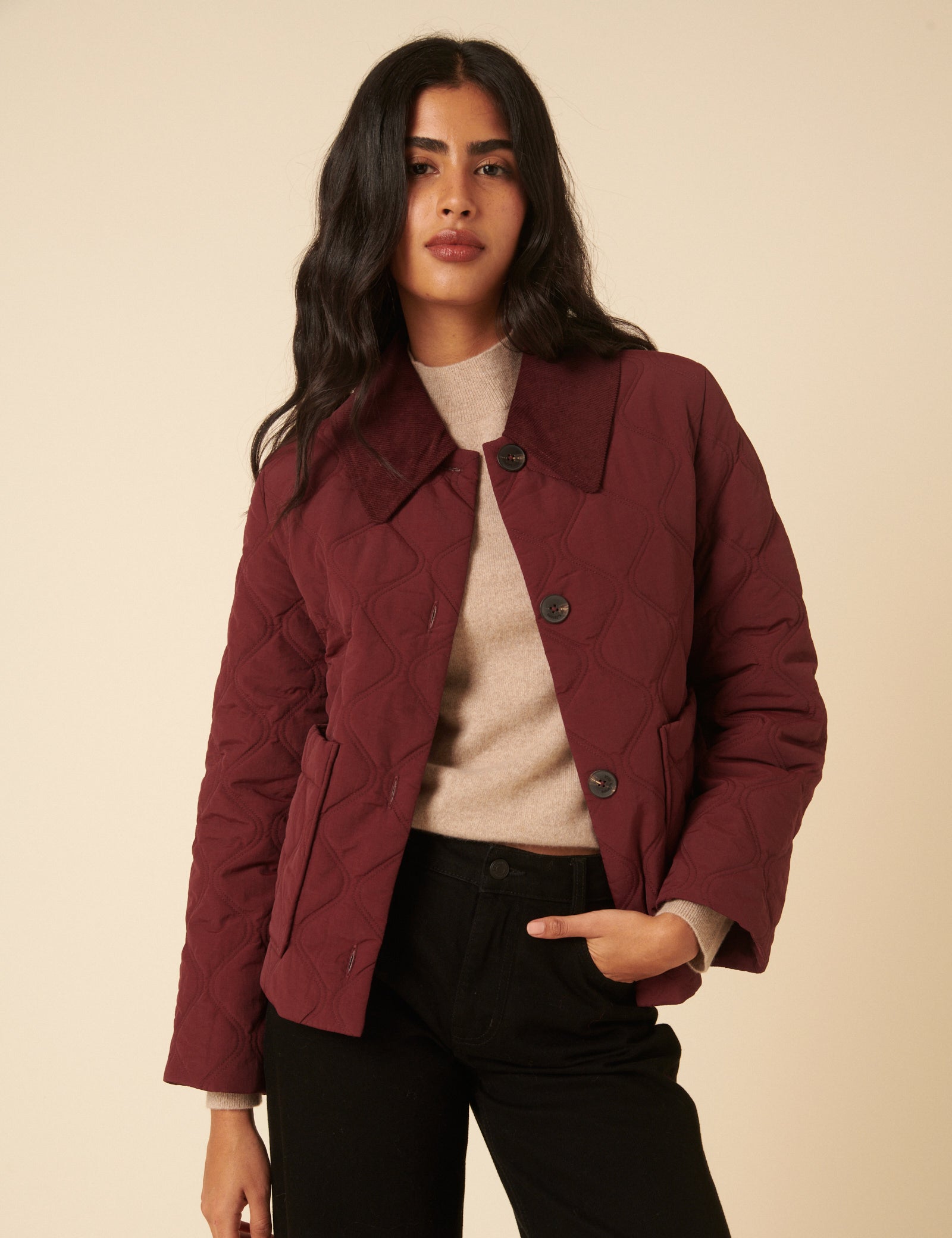 Burgundy Collared Quilted Jacket