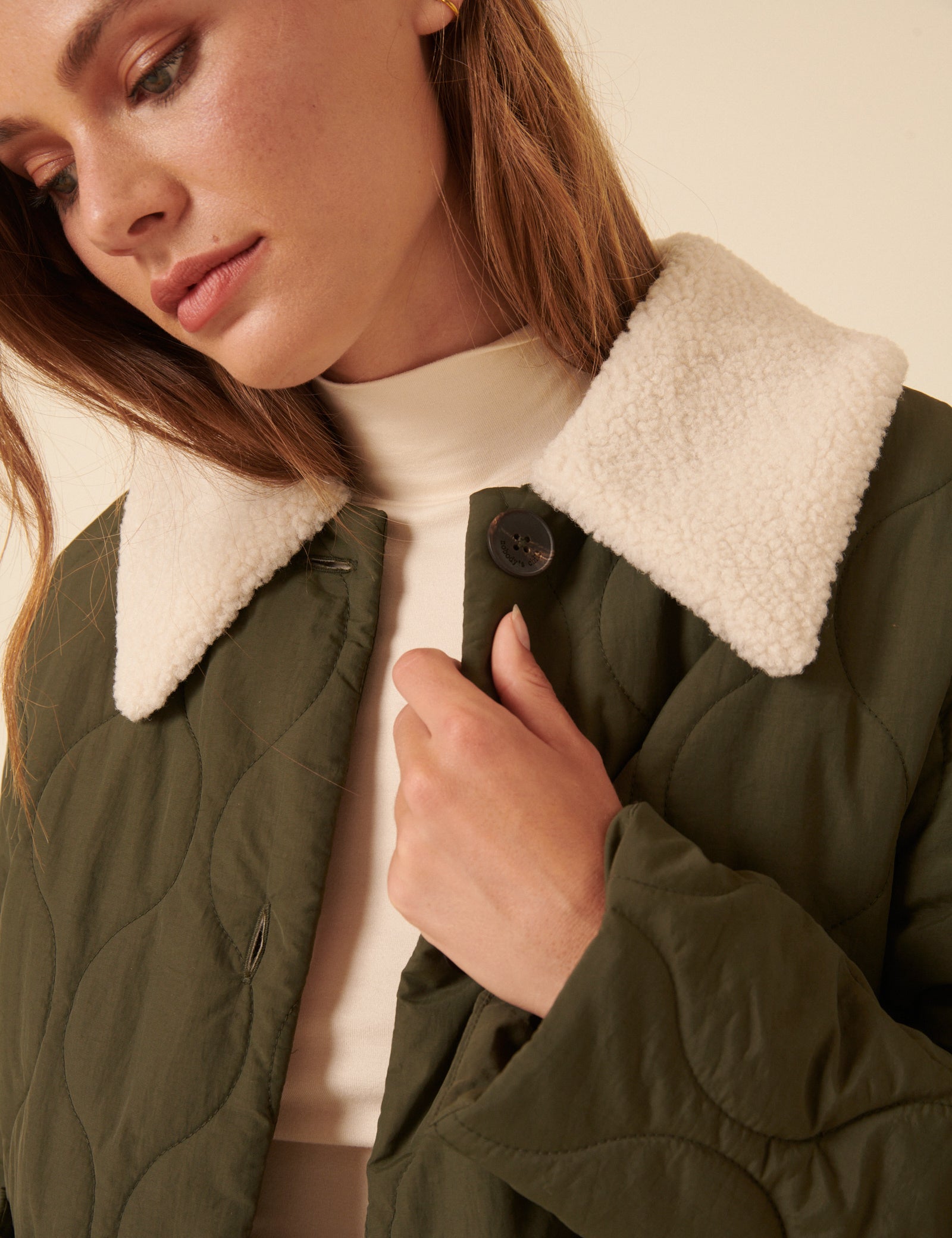 Khaki Quilted Borg Collar Jacket