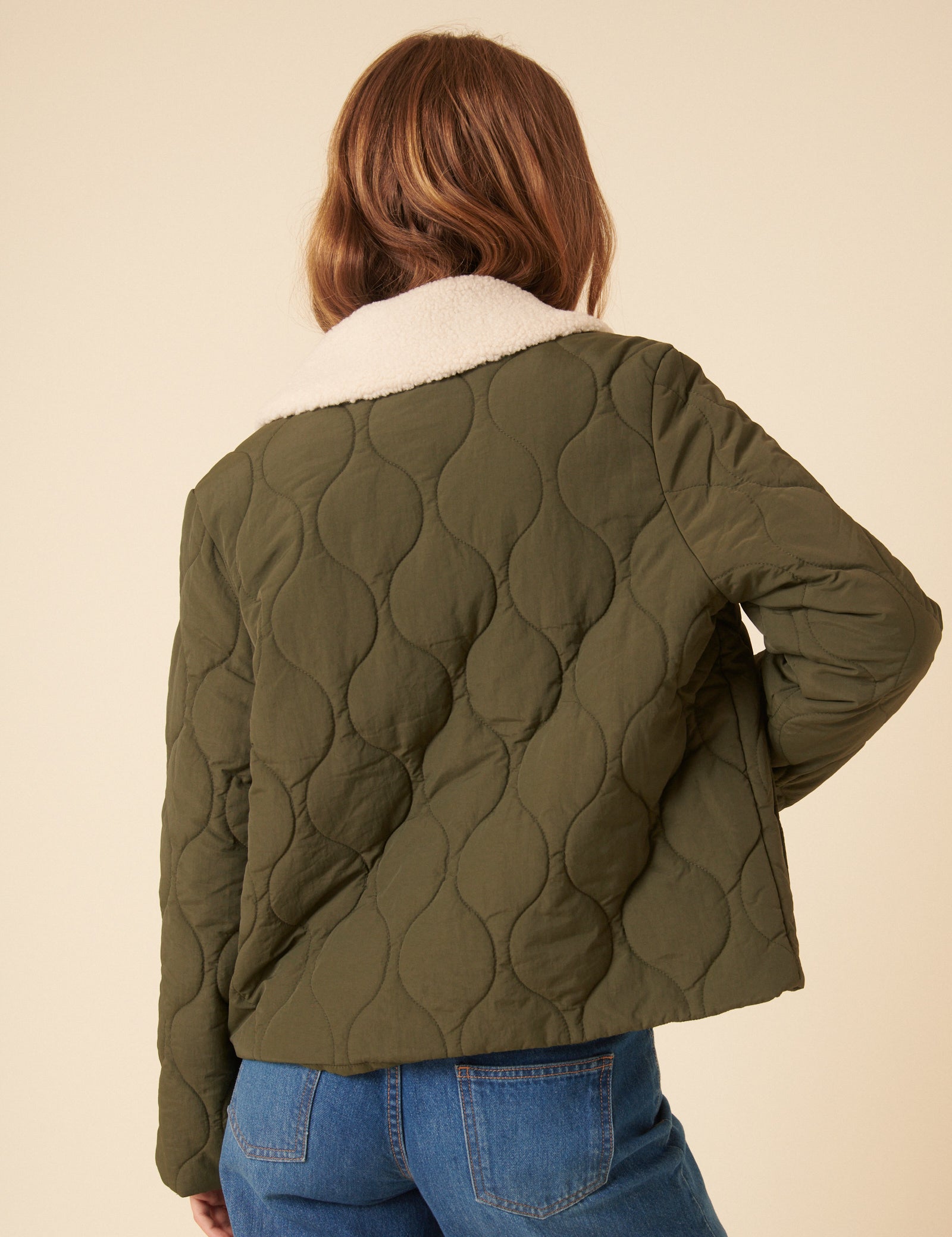 Khaki Quilted Borg Collar Jacket