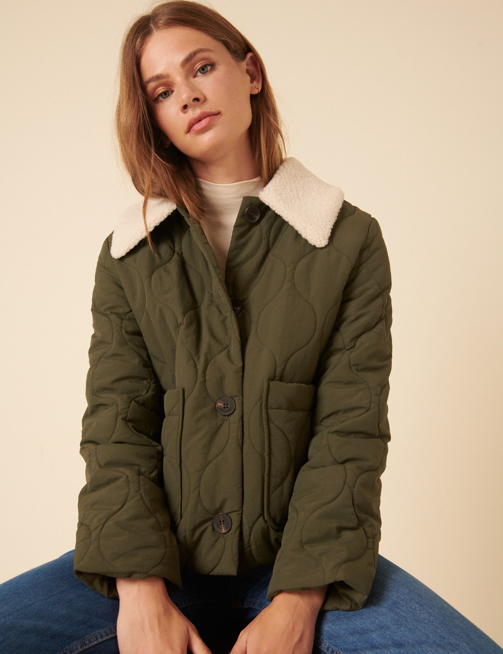 Khaki Quilted Borg Collar Jacket