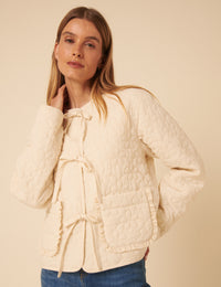 Cream Tie-Front Quilted Jacket
