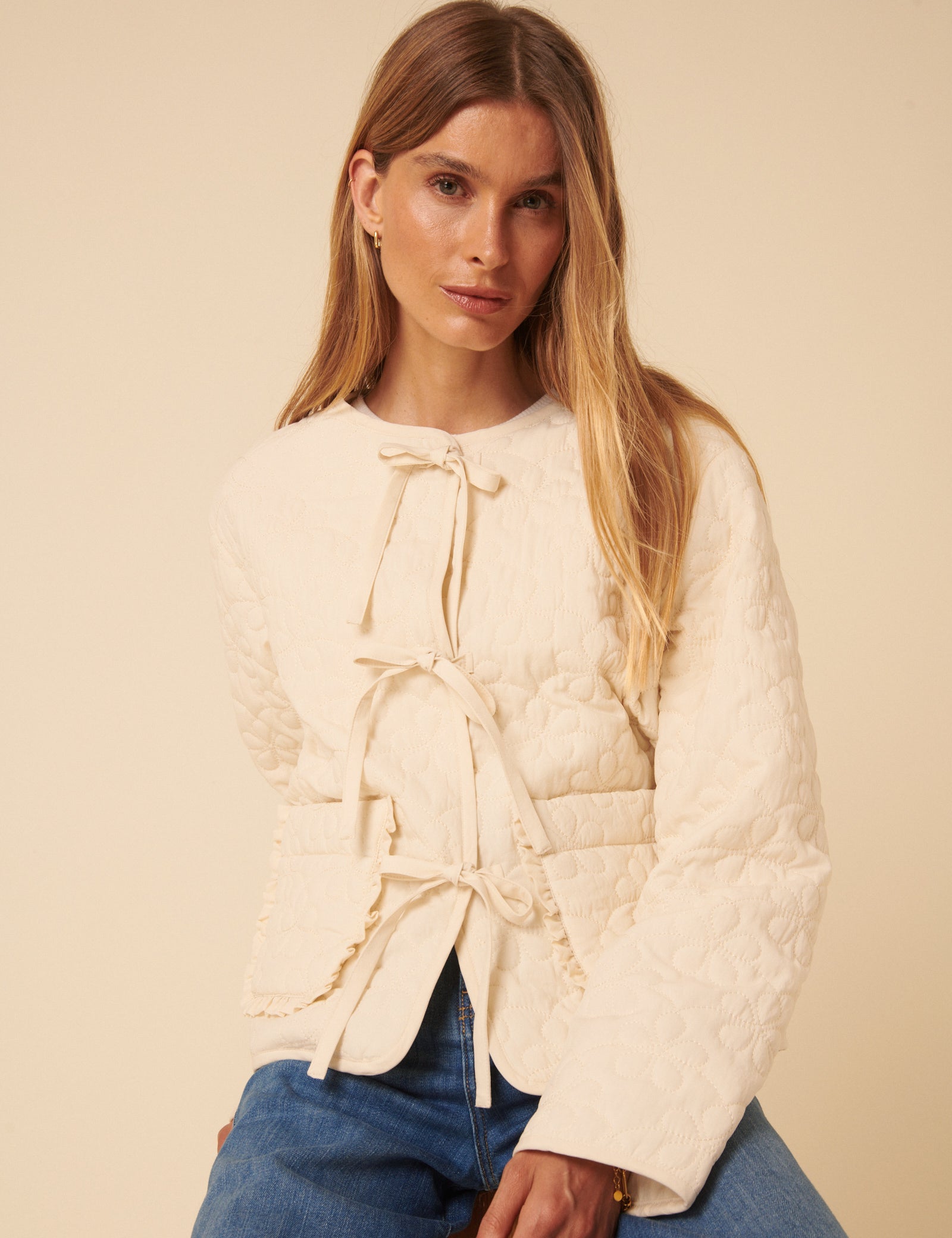 Cream Tie-Front Quilted Jacket