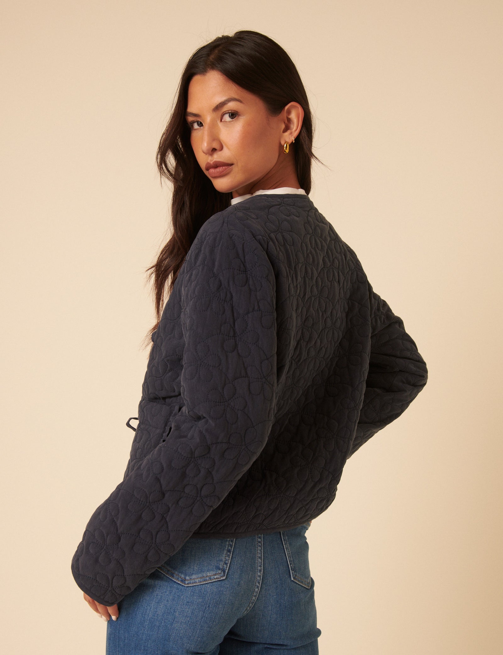 Navy Tie-Front Quilted Jacket