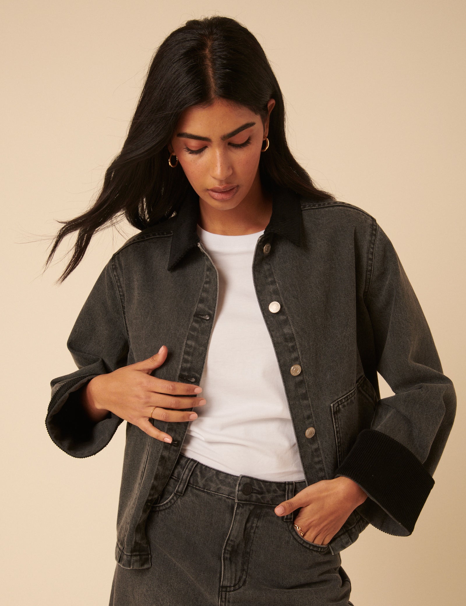 Washed Black Denim Cropped Jacket
