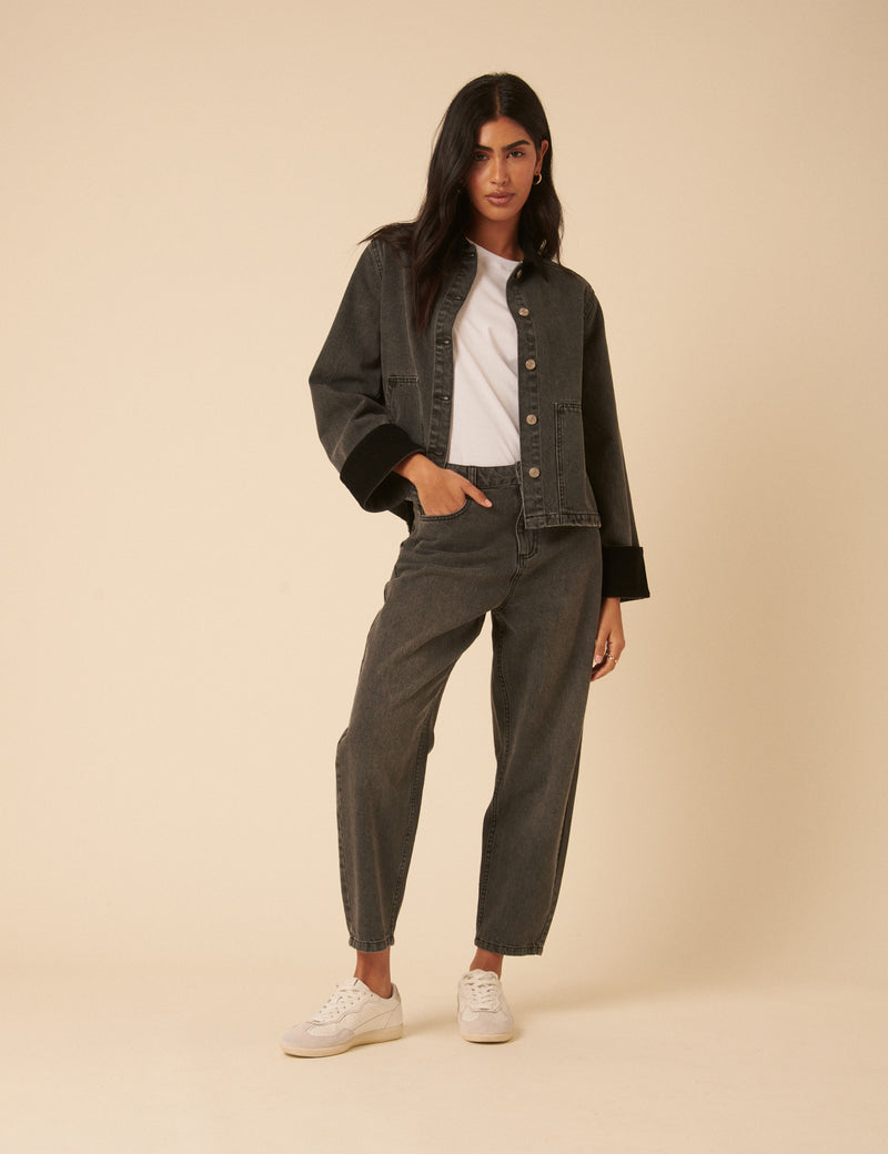 Washed Black Denim Cropped Jacket