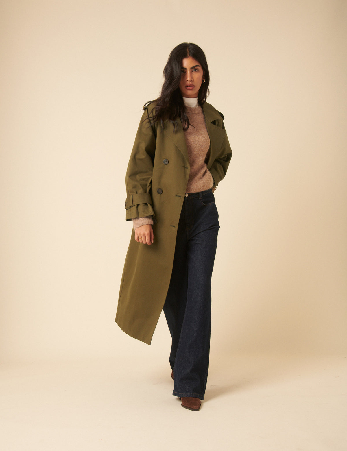 Khaki Green Double Breasted Trench Coat
