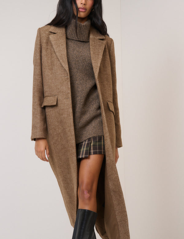 Brown Single Breasted Herringbone Coat
