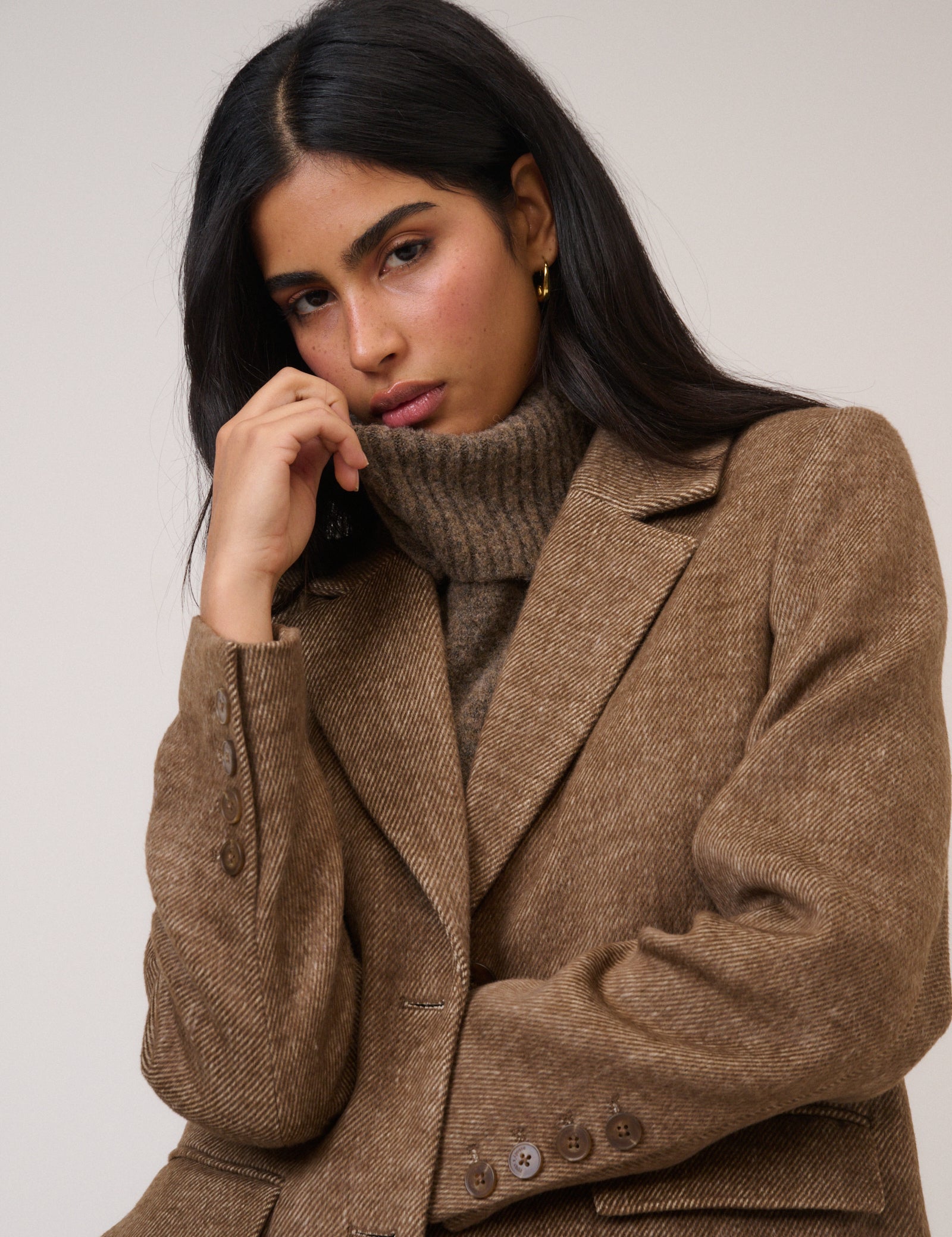 Brown Single Breasted Herringbone Coat