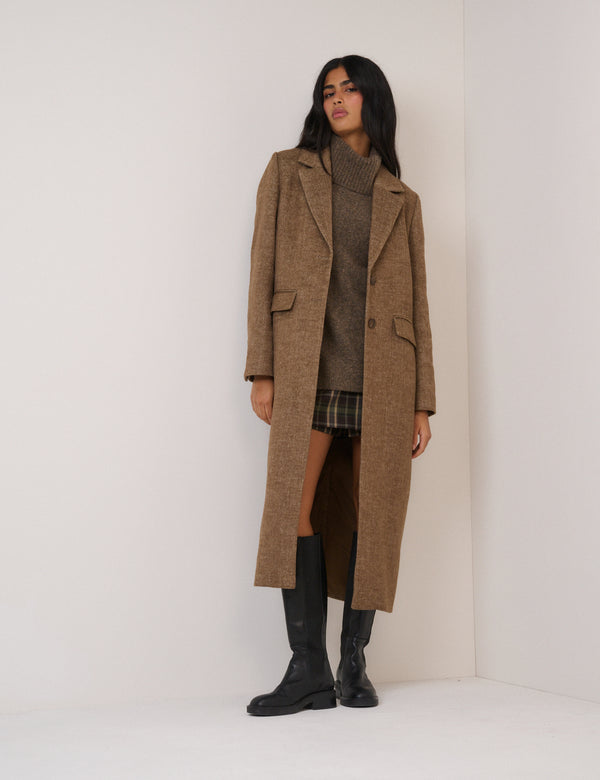 Brown Single Breasted Herringbone Coat
