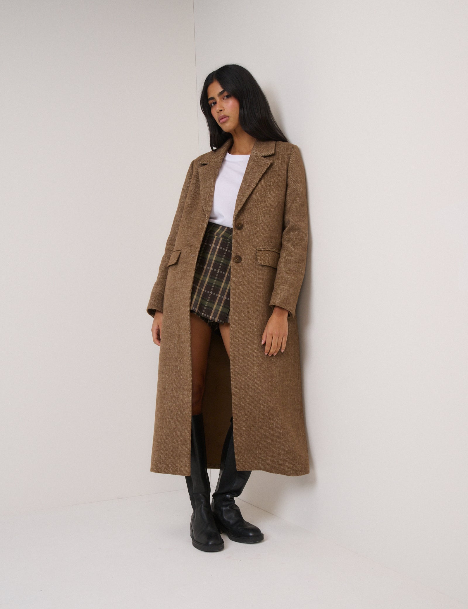 Brown Single Breasted Herringbone Coat