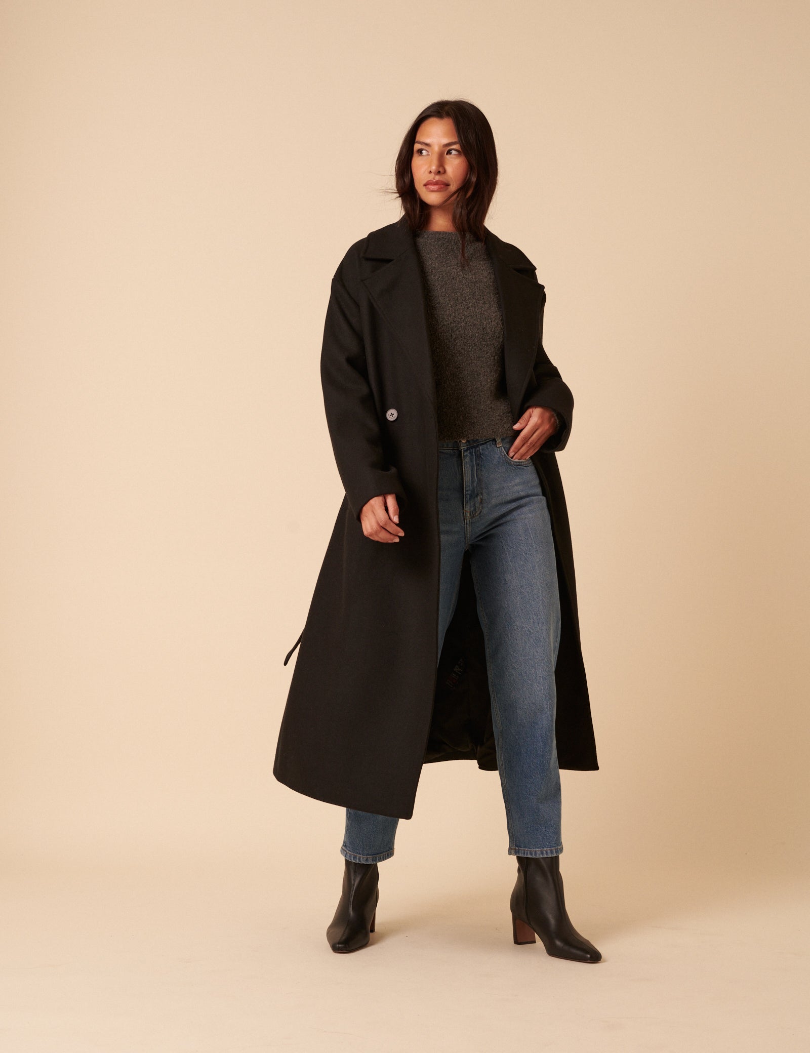 Black Tie Belt Wrap Coat