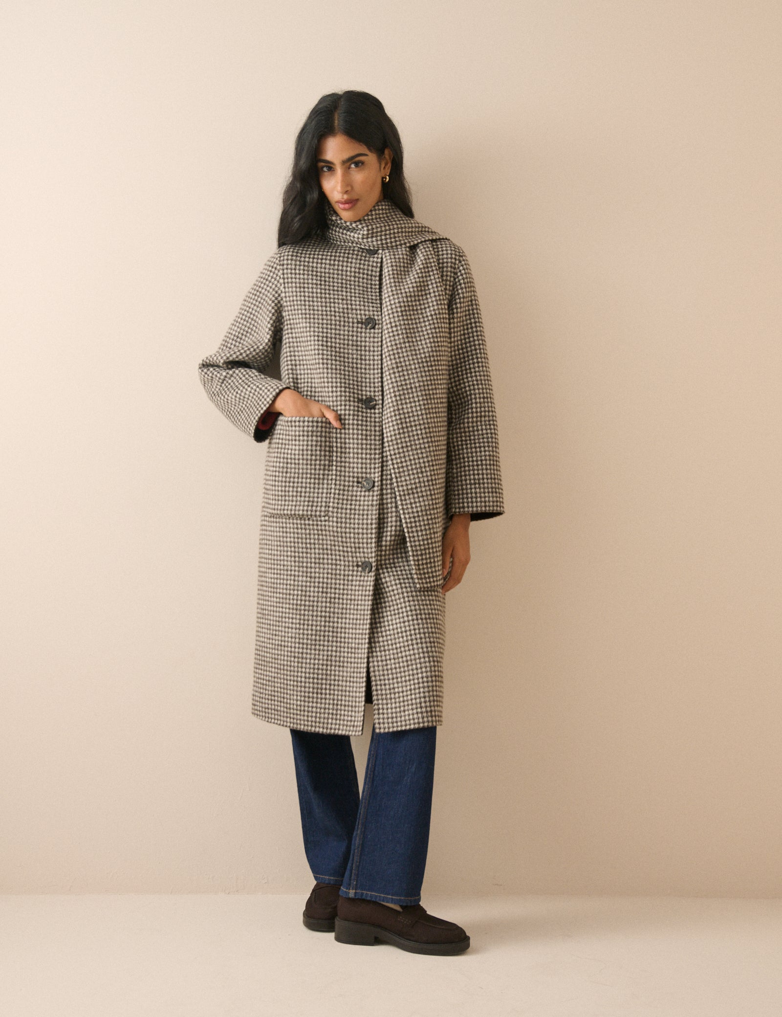 Brown Houndstooth Scarf Coat | Nobody's Child