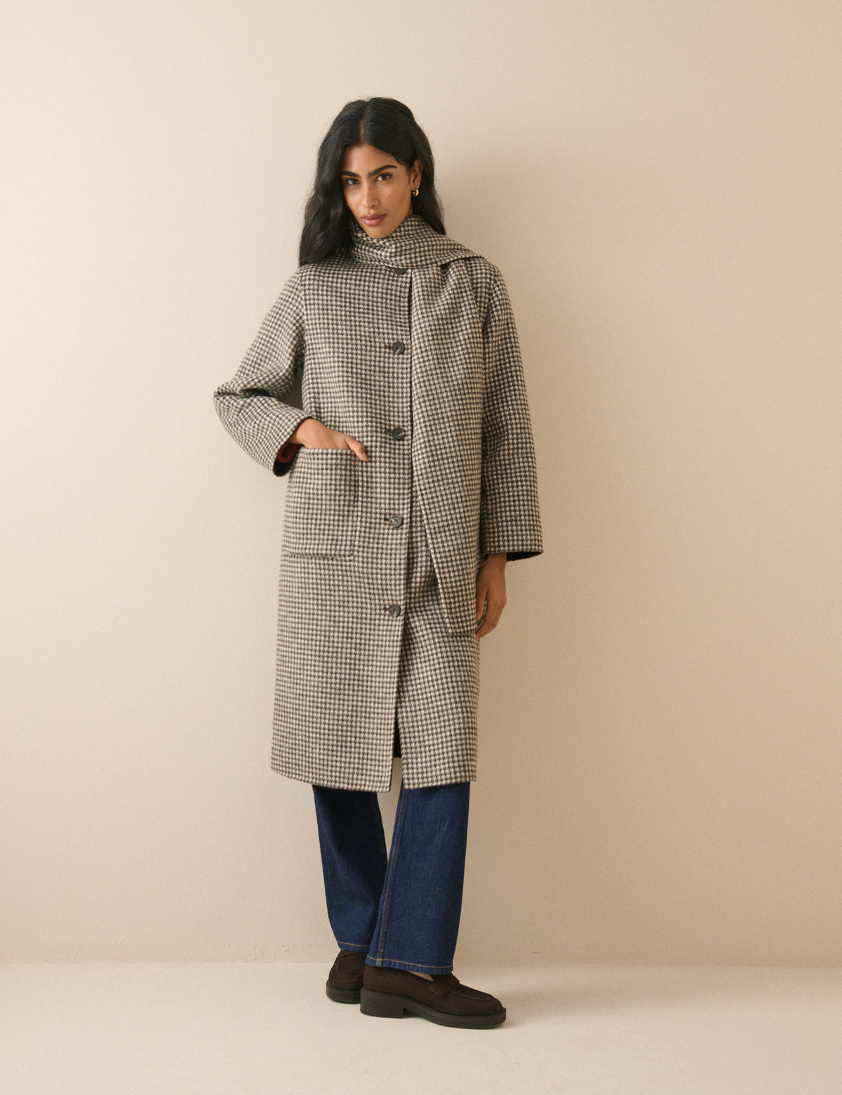 Brown Houndstooth Reversible Scarf Coat