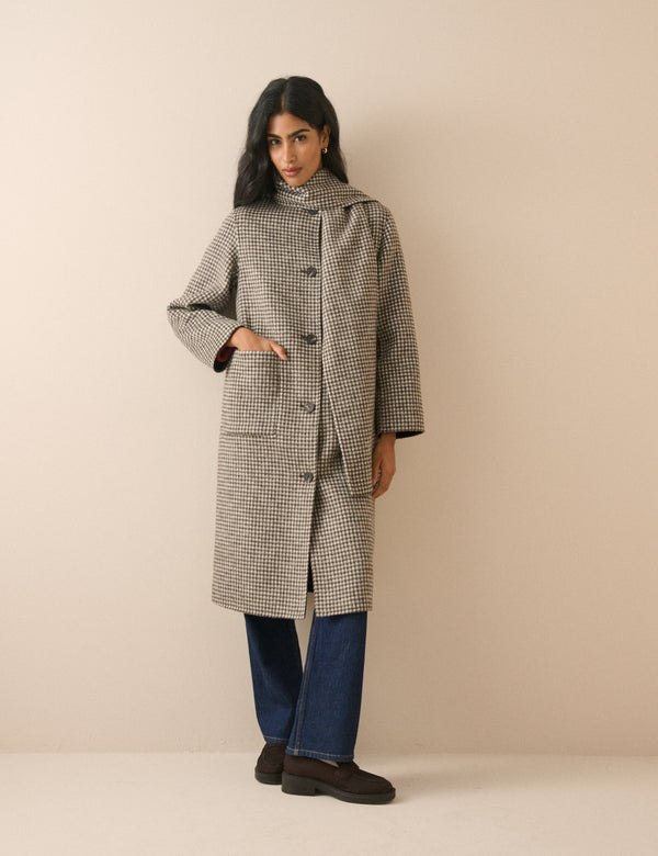Brown Houndstooth Reversible Scarf Coat