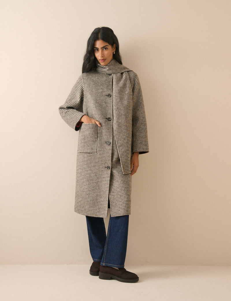 Brown Houndstooth Reversible Scarf Coat