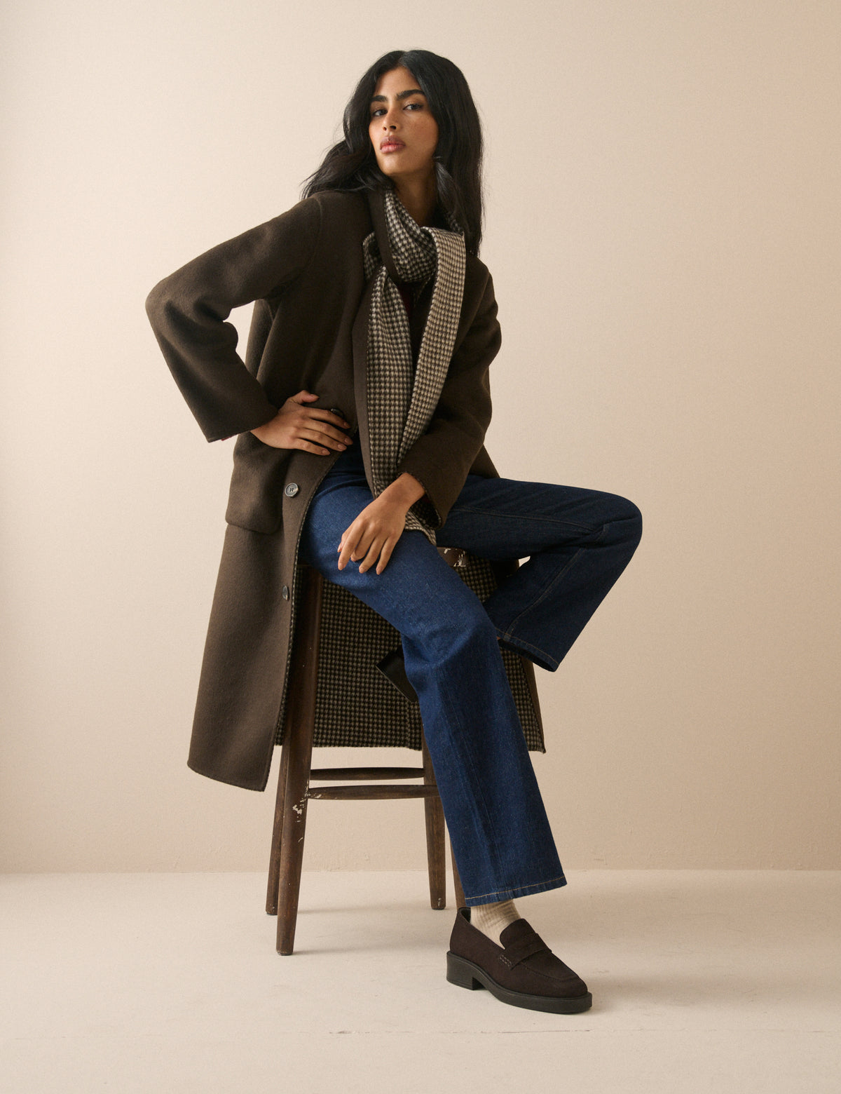 Brown Houndstooth Reversible Scarf Coat