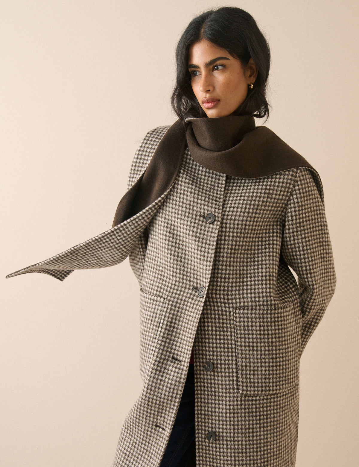 Brown Houndstooth Reversible Scarf Coat