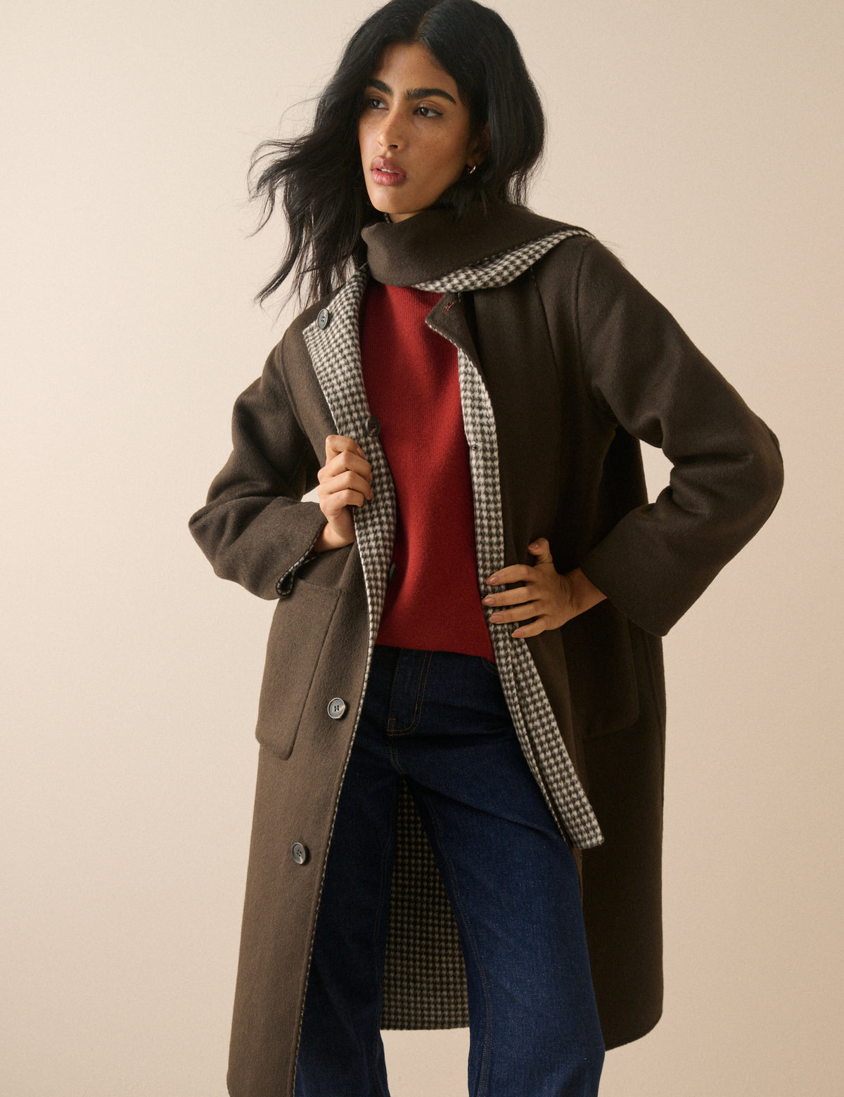 Brown Houndstooth Reversible Scarf Coat