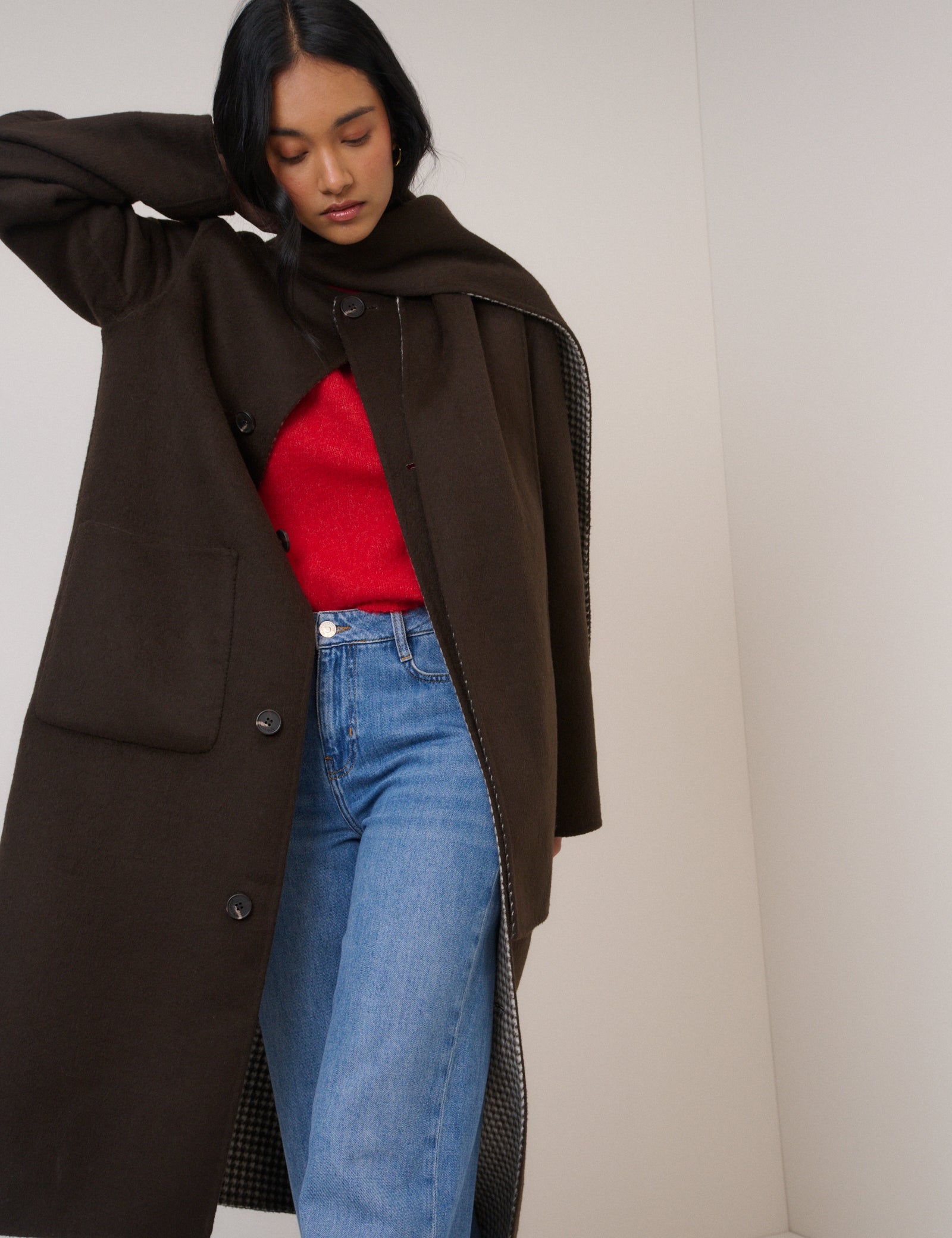 Brown Houndstooth Reversible Scarf Coat