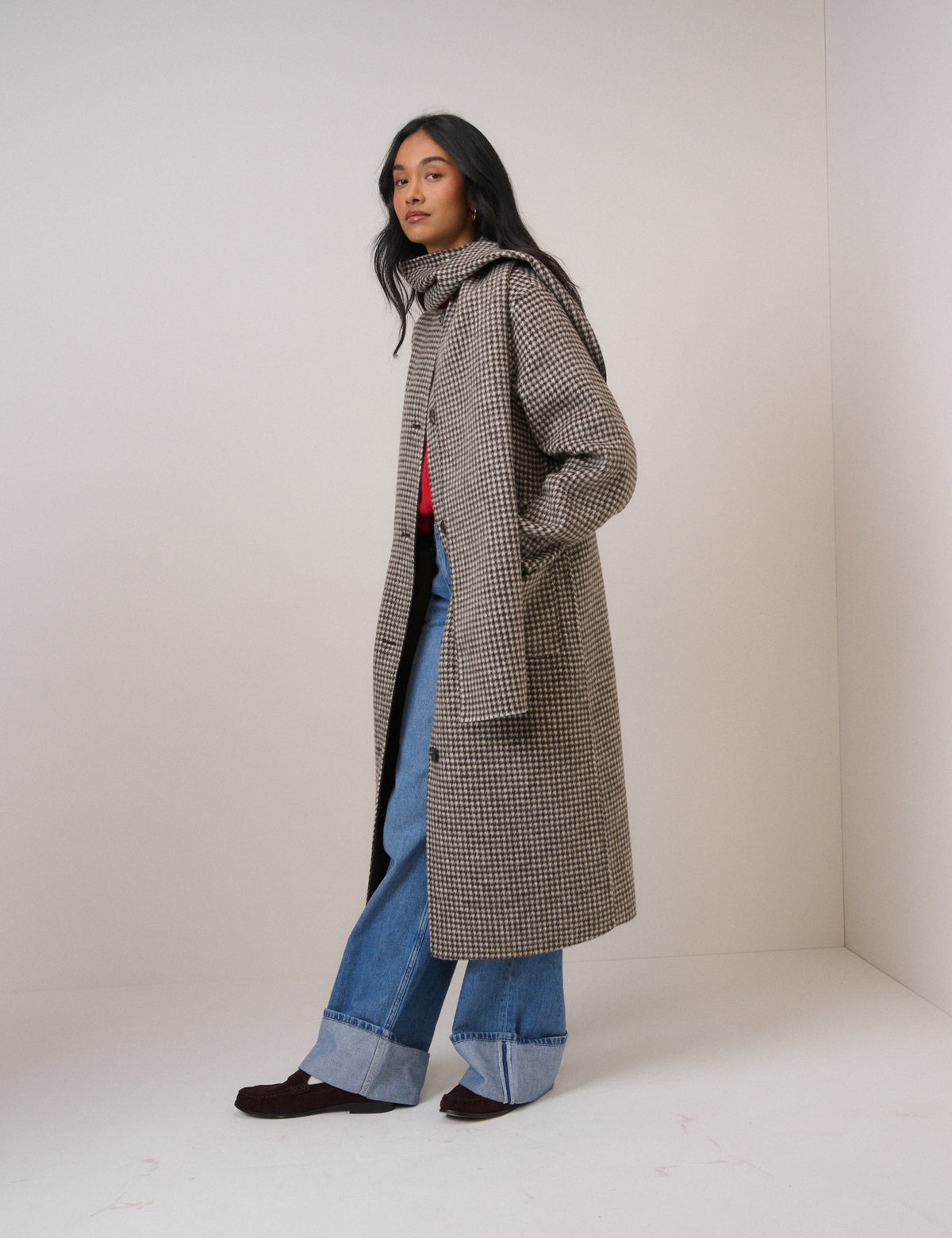 Brown Houndstooth Reversible Scarf Coat
