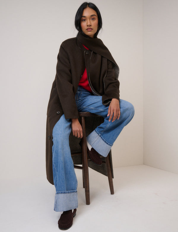 Brown Houndstooth Reversible Scarf Coat