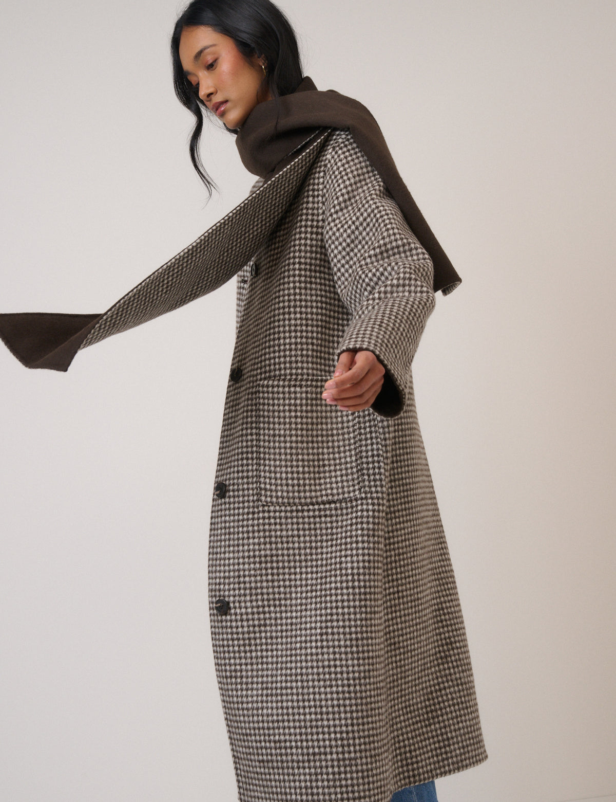 Brown Houndstooth Reversible Scarf Coat