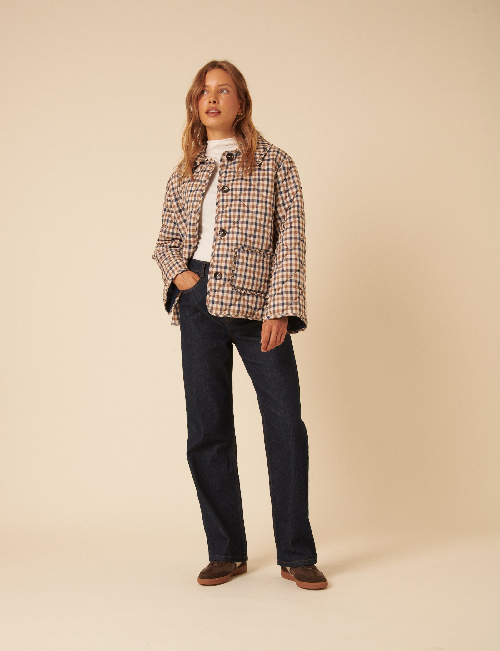 Beige Check Frill Quilted Jacket