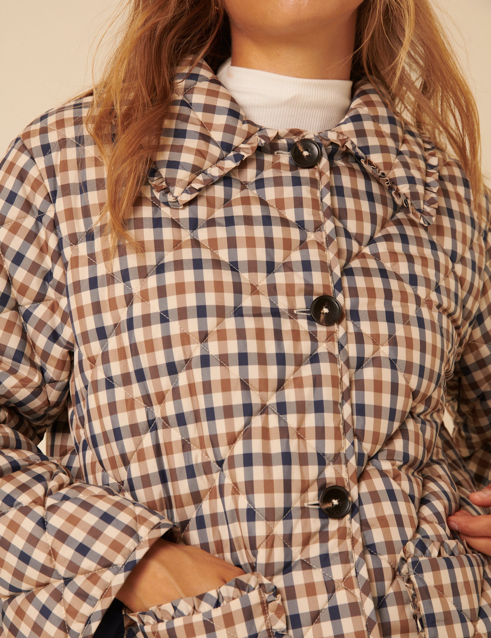 Beige Check Frill Quilted Jacket