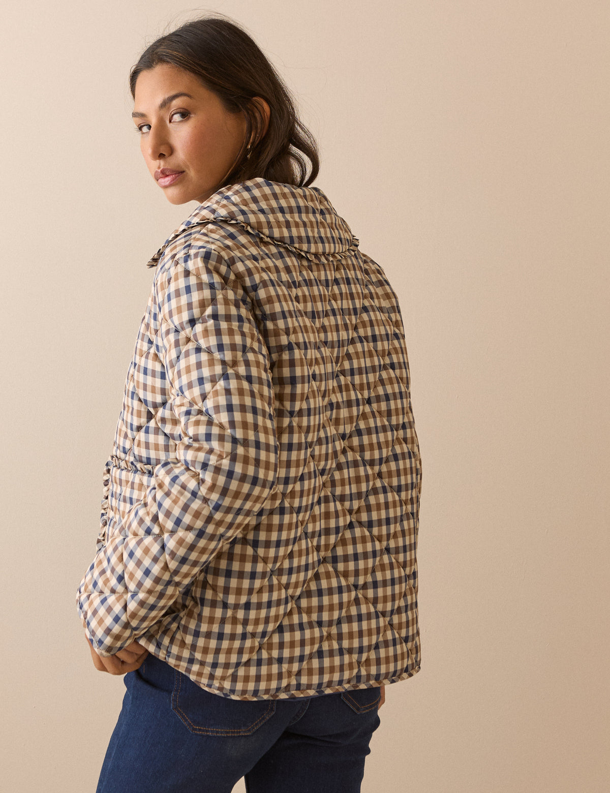 Beige Check Frill Quilted Jacket