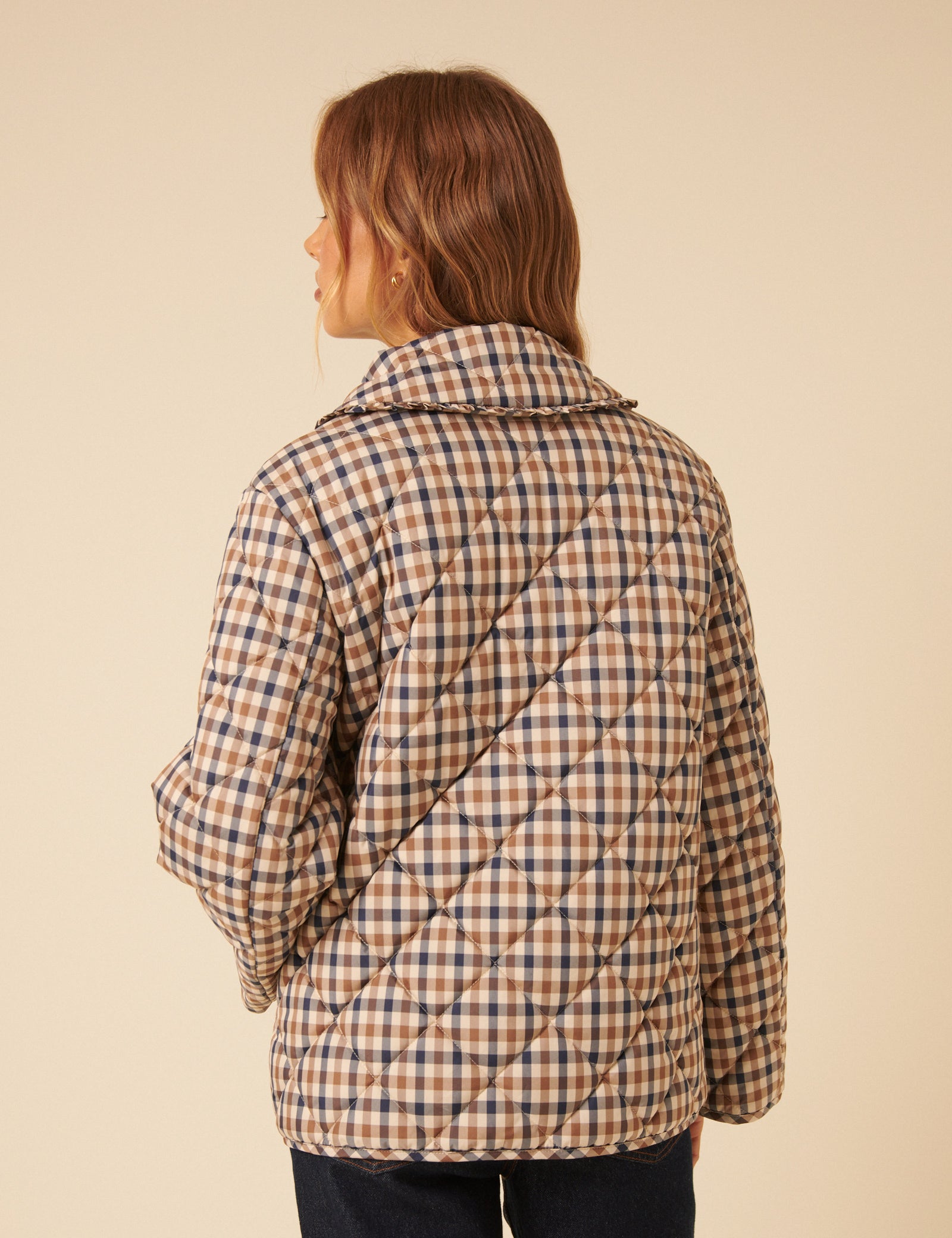 Beige Check Frill Quilted Jacket Beige Check Frill Quilted Jacket