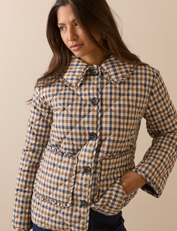 Beige Check Frill Quilted Jacket