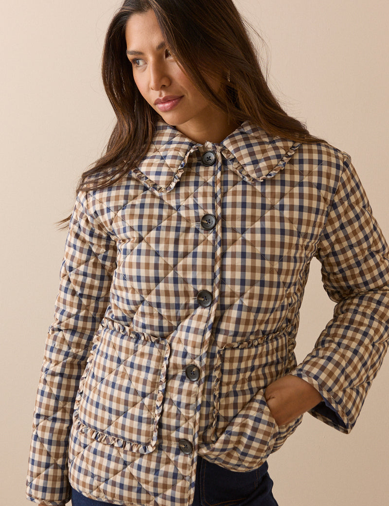 Beige Check Frill Quilted Jacket