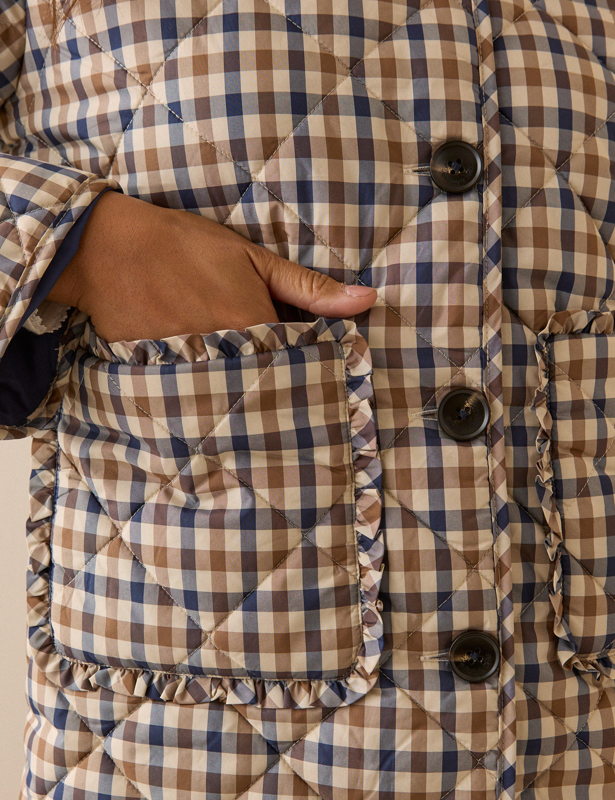 Beige Check Frill Quilted Jacket