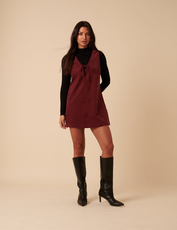 Petite Burgundy Nila Pinafore Mini Dress