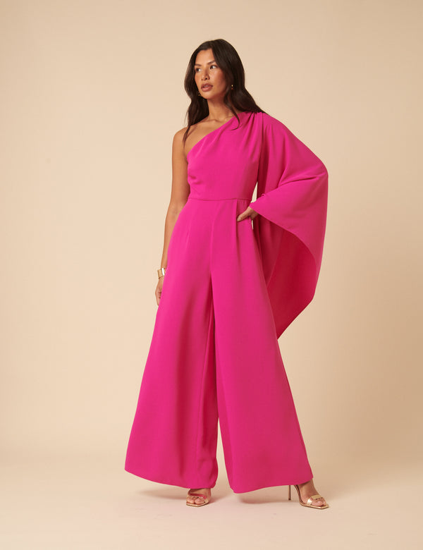 NC x Lisou Pink Crepe One Shoulder Jay Draped Jumpsuit