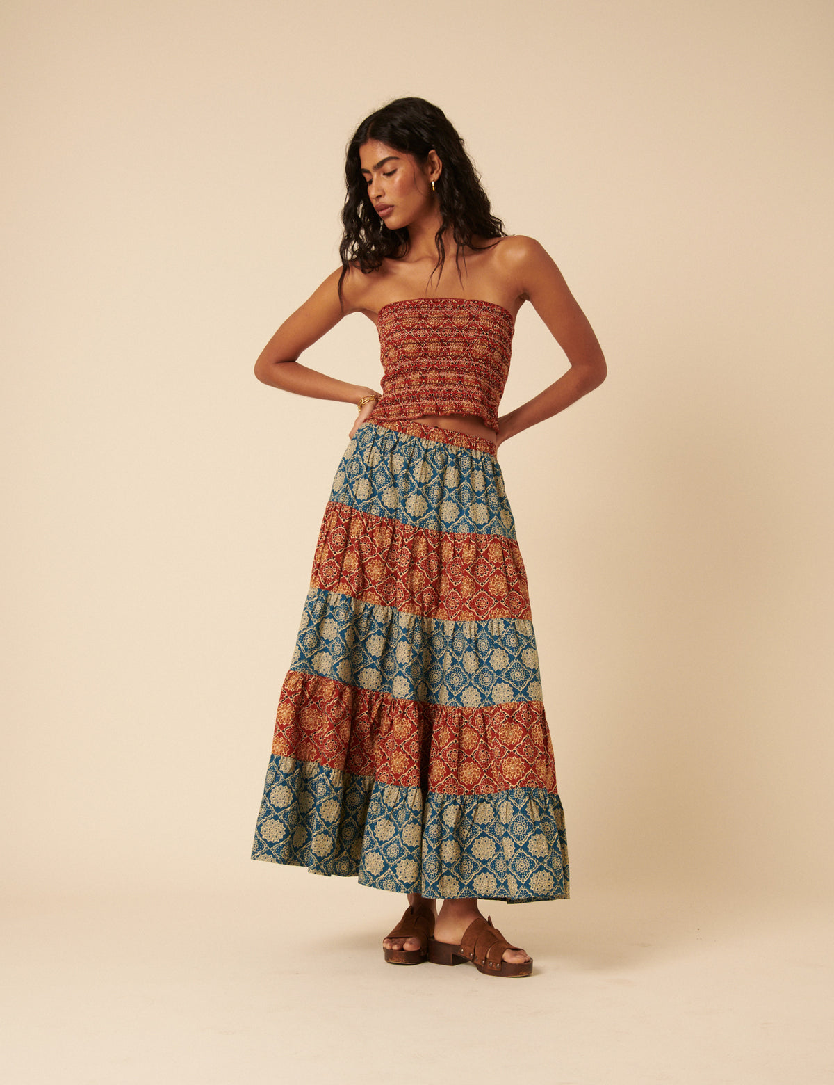 Tile Printed Tiered Midi Skirt