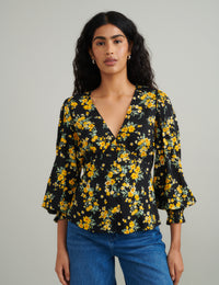 Black Floral V-Neck Blouse